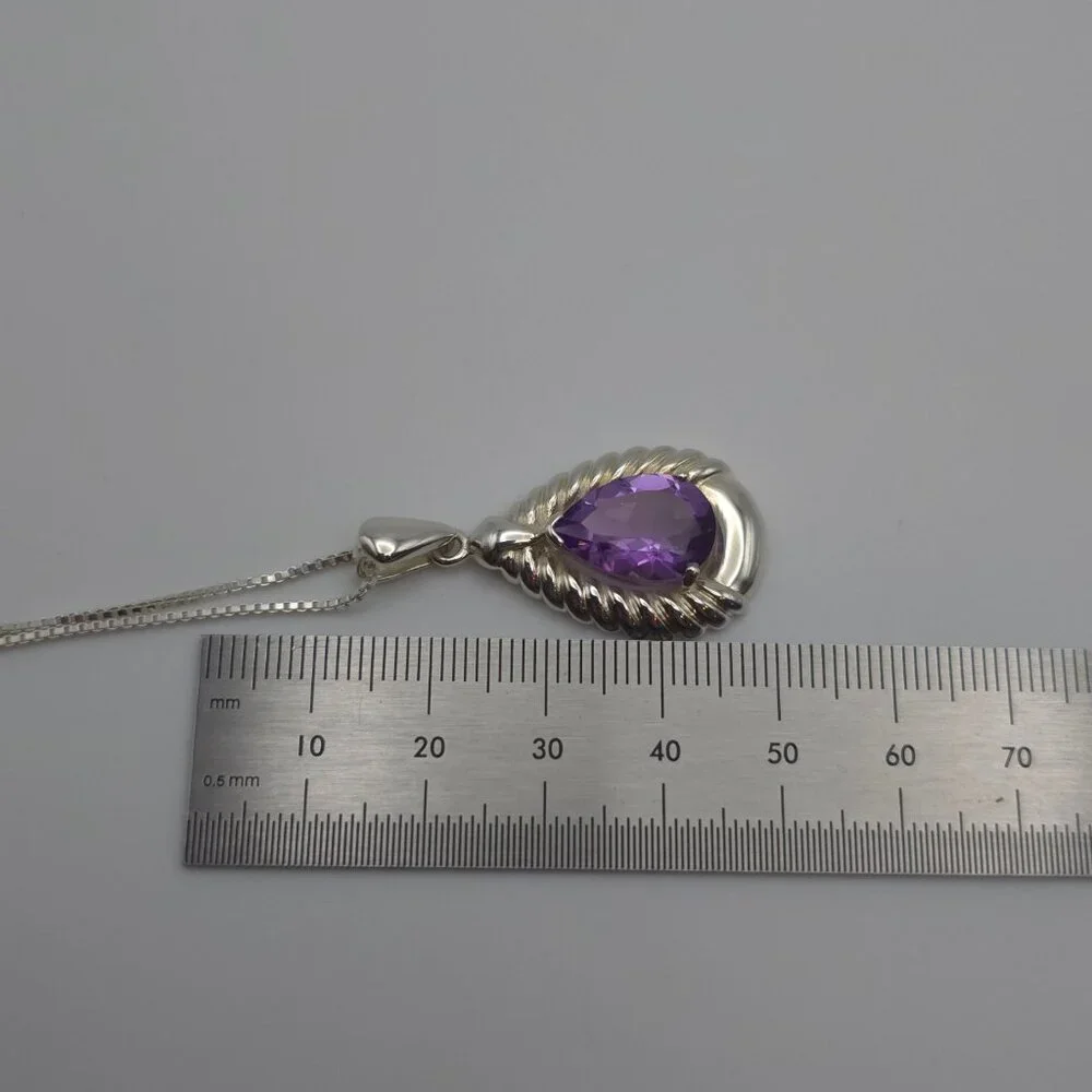 24 Inch 925 Sterling Silver Large Pear Amethyst Gem Pendant Necklace - Picture 7 of 8
